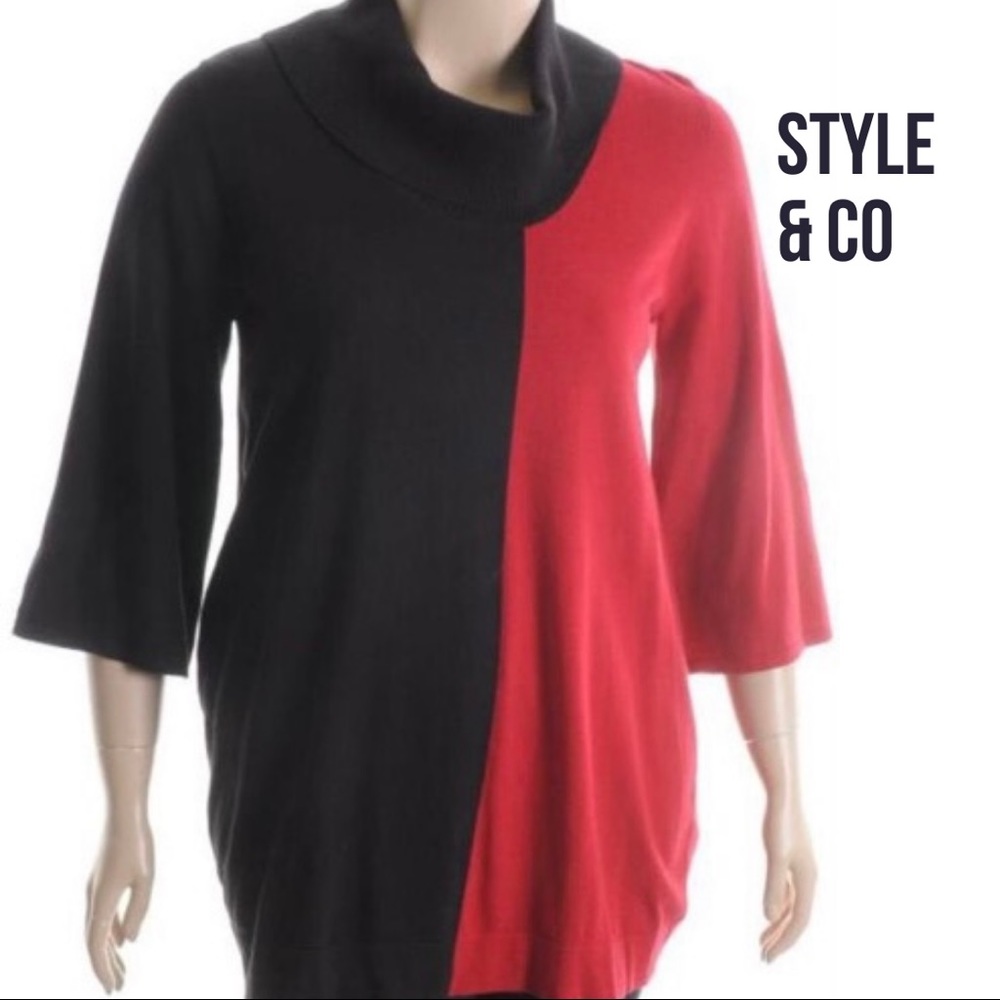 Style & Co. NEW Black Red Knit Colorblock 3/4 Sleeves Tunic Sweater Top L